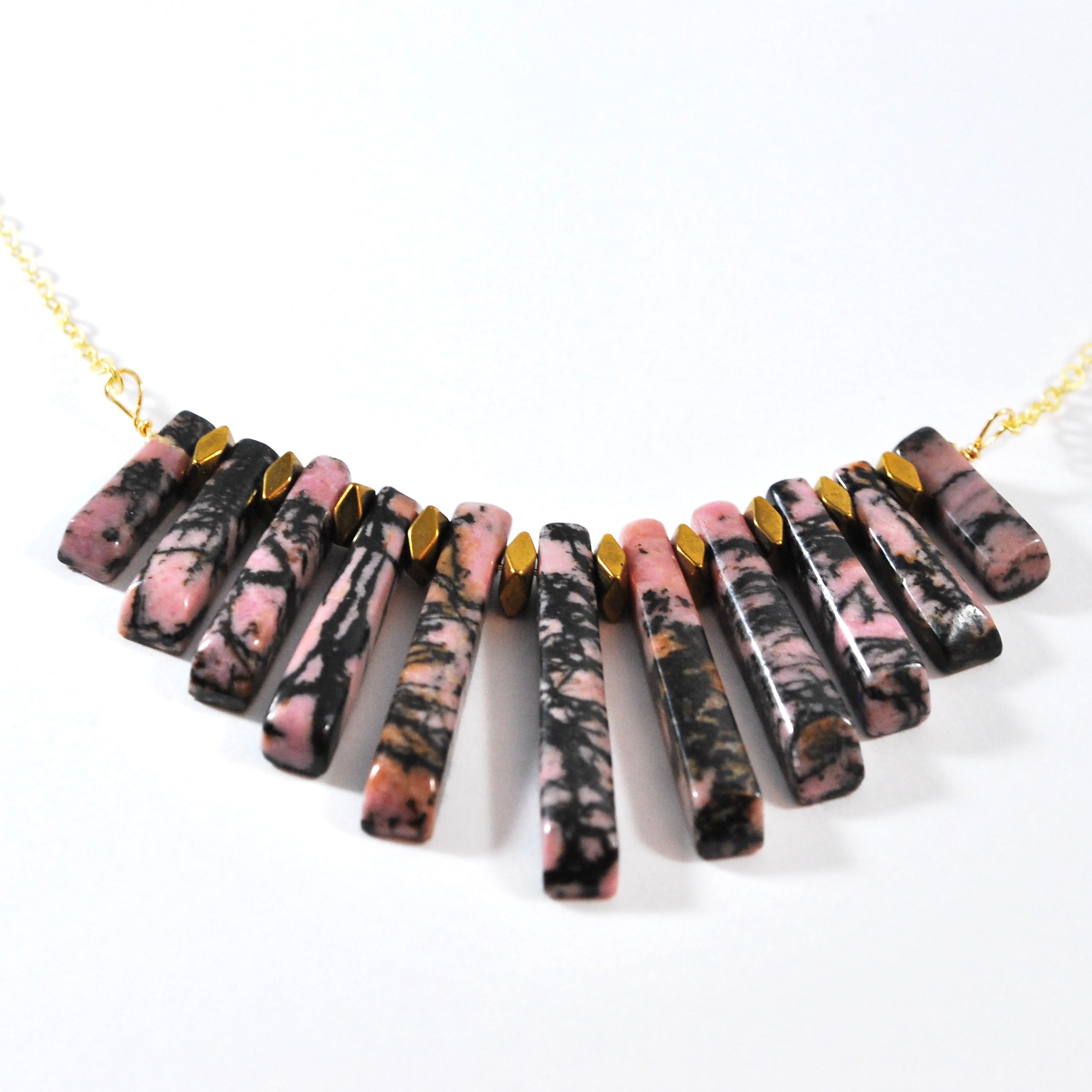 Hammered brass and rhodonite statement necklace